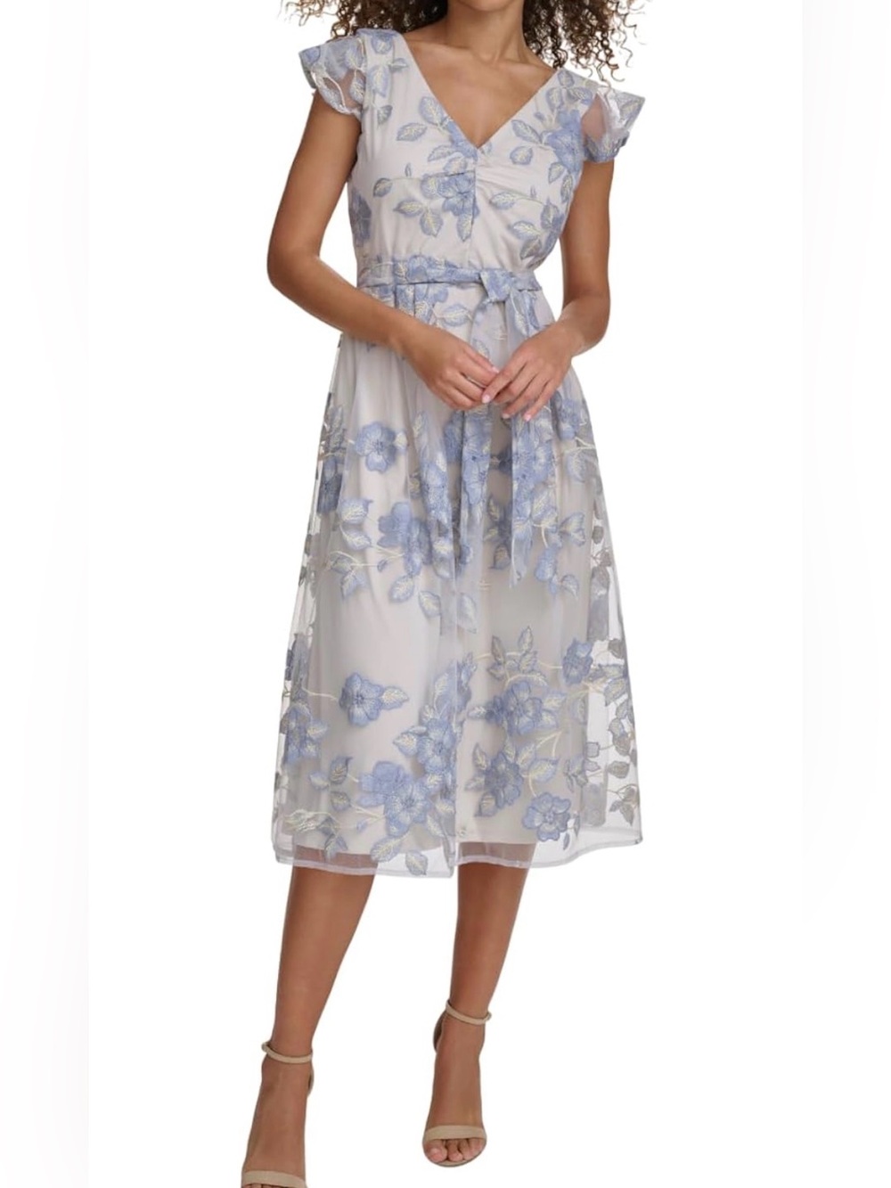 Kensie floral Embroidered Midi Dress in Light Blue and Cream size 4